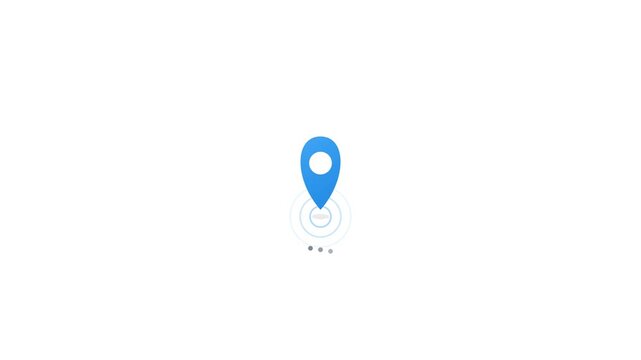 A blue map pin icon drops in and pulses with expanding ripple rings on a clean white background, representing a location marker animation.