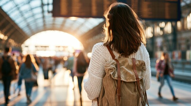 Young traveler with backpack walks through a bustling train station at sunrise