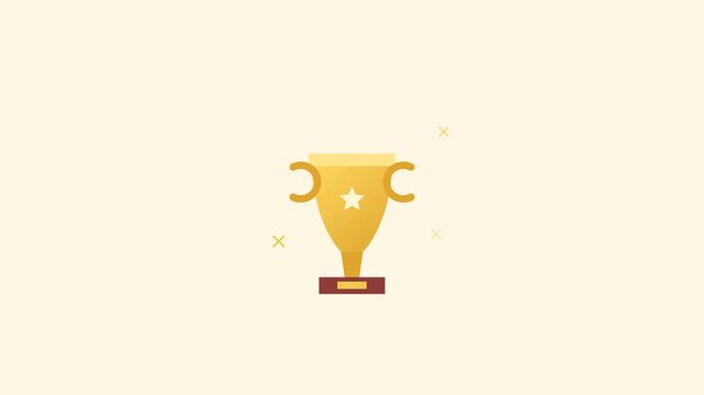 A golden trophy with a star emblem is animated with small sparkle marks around it on a warm cream background, representing an award or achievement icon.