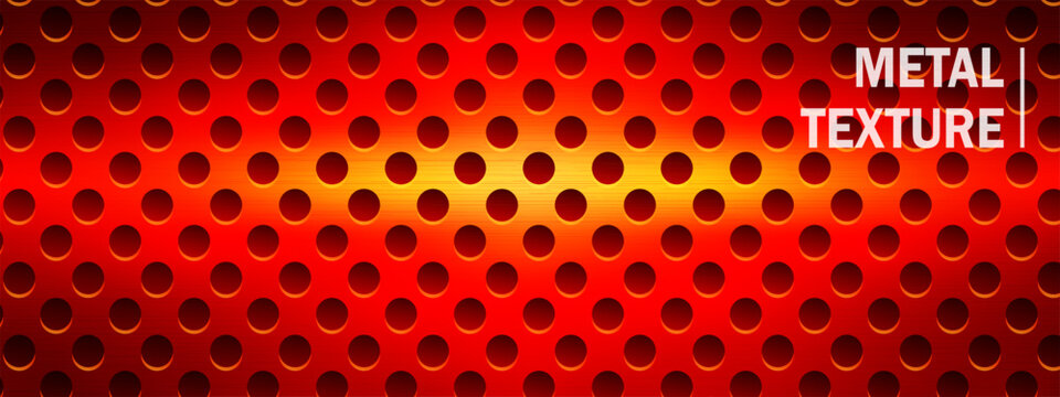 Perforated hole metal with plate texture mesh and red background black. Pattern grate mechanical with steel wall 3d and fiber seamless circle. Texture sheet perforated with plate pegboard bg.
