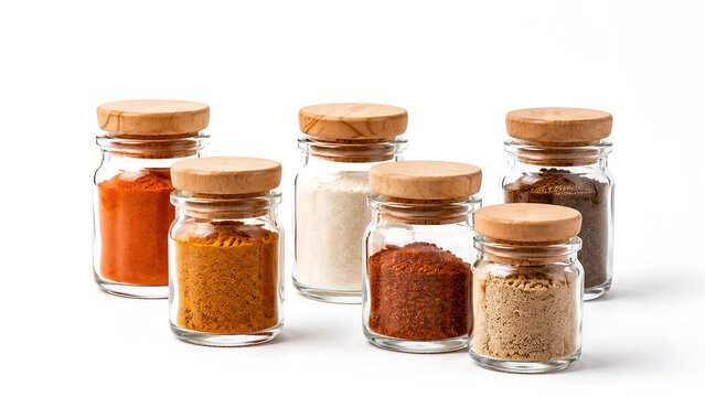 Assorted colorful spices in glass jars with cork lids, collection of culinary seasoning containers, organic kitchen pantry ingredients isolated on White Background ai