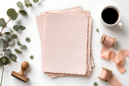 Elegant pink handmade paper mockup, deckle edge stationery with eucalyptus and coffee, romantic wedding invitation flat lay with silk ribbon isolated on White Background ai
