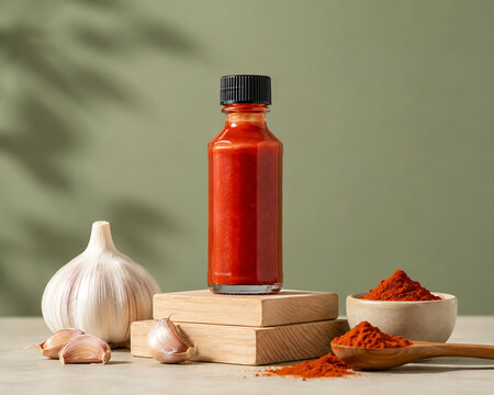 Spicy red chili sauce in glass bottle, organic hot pepper condiment with fresh garlic and paprika powder, gourmet culinary ingredients isolated on White Background ai