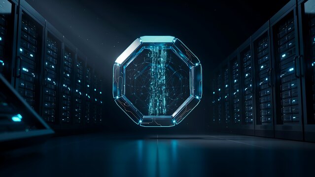 Artificial Intelligence Data Processing Core with Secure Cloud Computing Network in Futuristic Server Room