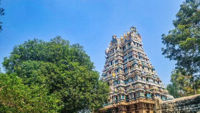 Side view of the colorful gopuram of Arulmigu Thirumarainatha Swamy Temple rising above the historic temple walls