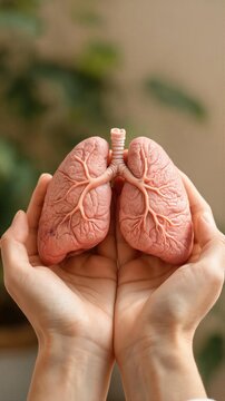 Woman holding model of human lungs in hands. Awareness campaign for World Lung Cancer Day. Medical concept for respiratory health, organ care, disease prevention and internal anatomy study.