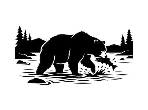 Black Bear Catching Fish in River Silhouette Vector Illustration