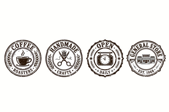 vintage style business logo icons for coffee shop, handmade crafts, store hours, general store branding