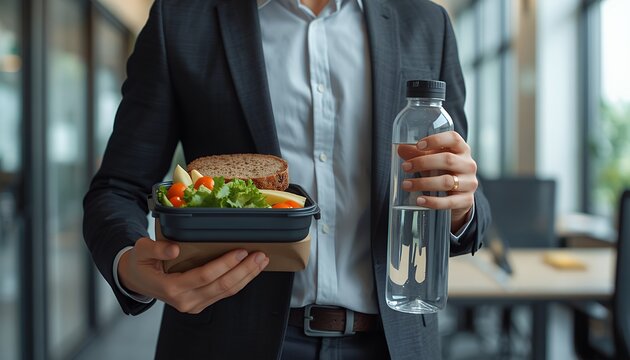 Businessman holding healthy lunch box and water bottle in office break