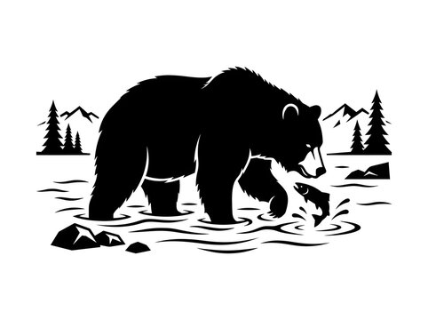 Black Bear Silhouette Catching Fish in River Vector Illustration