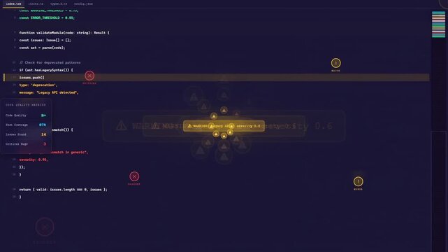 Close up of computer screen displaying complex software code and programming script in dark mode