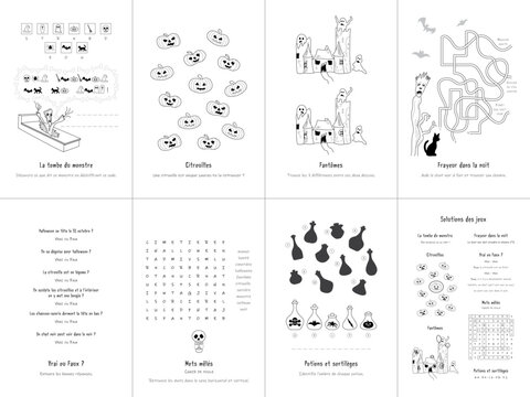 Set of seven games. Halloween. French language. Vector illustration. Set No. 2