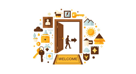 Obraz premium Conceptual Illustration of a Man Walking Through an Open Door Toward Success, Career Opportunities, and New Beginnings with Hospitality and Lifestyle Icons