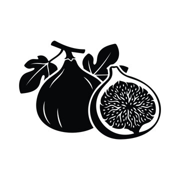 Black silhouette of whole and halved fig fruits with leaves on a clean white background.