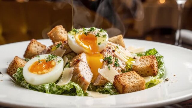 Gourmet Grilled Chicken Caesar Salad with Soft Boiled Egg and Creamy Dressing in Luxury Restaurant