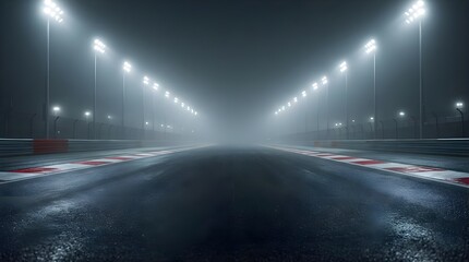 Obraz premium Empty dark racetrack with fog under bright stadium lights.