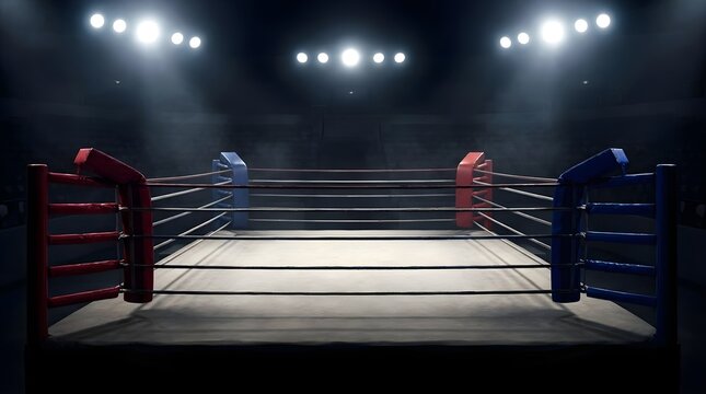 Empty boxing ring illuminated by bright spotlights in a dark arena.