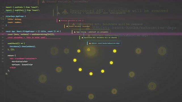 Abstract digital background with scrolling computer code and glowing yellow data points on dark screen