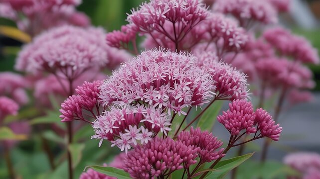 Vibrant purple joe pye weed flowers blooming in a lush summer garden with soft natural lighting and detailed petals in a botanical setting