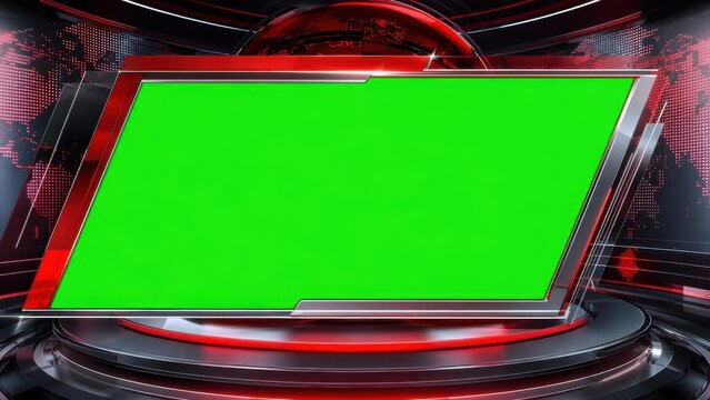 Virtual television news studio with green screen display. Digital broadcast background for current events and business report. Modern red media production set for news reporting concept.