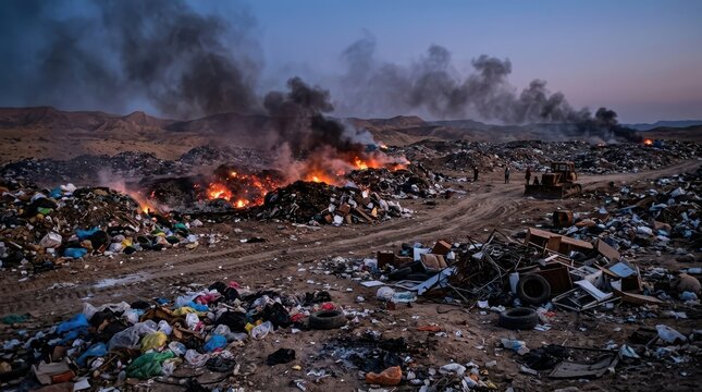 Burning waste at a large landfill site in a desert landscape