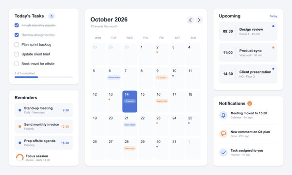 Calendar dashboard UI template with task planner, reminders, and daily schedule. Modern productivity and project management web interface design with clean light layout. Vector UI, UX