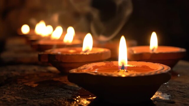 Traditional burning clay diyas arranged in a row at night.