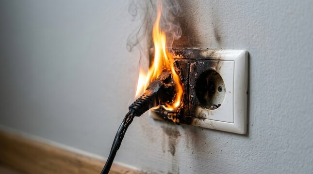 Electrical fire caused by a faulty wall socket and power plug