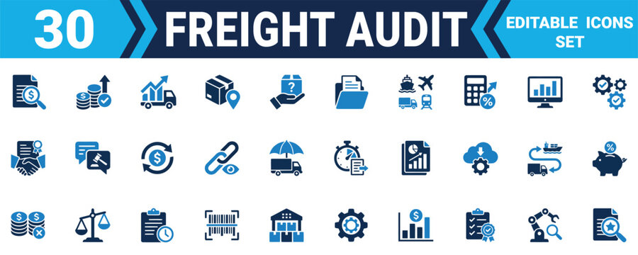 Set of thirty flat vector icons for freight audit logistics shipping and transportation management business Minimal solid fill icon set bundle collection. Editable Vector Illustration Mega pack