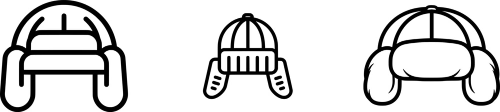 A minimalist black outline icon of a warm Russian ushanka hat, with thick uniform lines, isolated on a pure white background