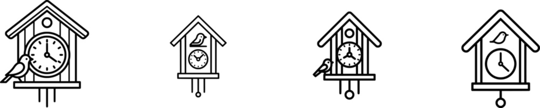 A minimalist black outline icon of a wall-mounted wooden cuckoo clock with thick uniform lines is isolated on a pure white background. The clock features a birdhouse-like structure with a small