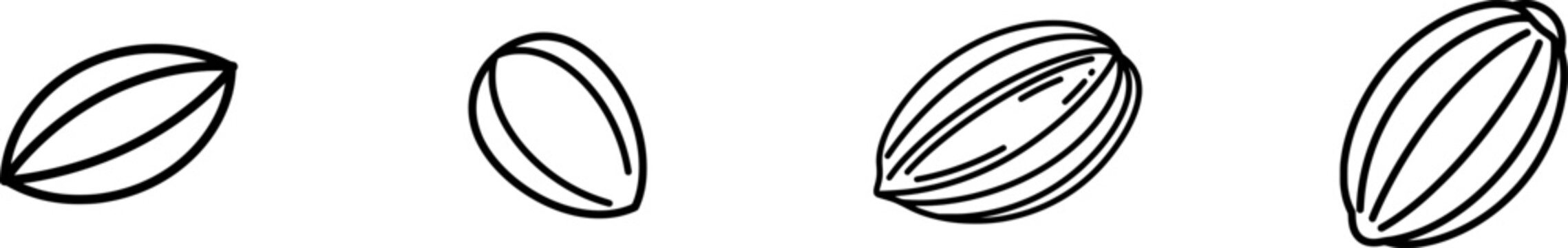 A minimalist black outline icon of a whole almond in its shell, isolated on a pure white background with uniform thick lines, exuding simplicity and elegance