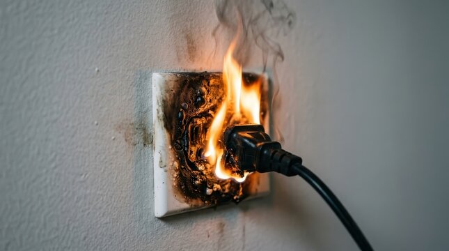 Electrical outlet fire caused by overloaded circuit and short circuit