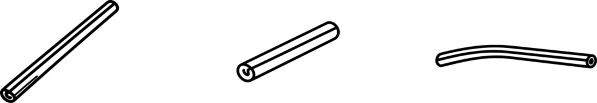 A minimalist black outline icon of a whole cinnamon stick, thick uniform lines, isolated on pure white background, no shadows under the icon, in a flat vector style