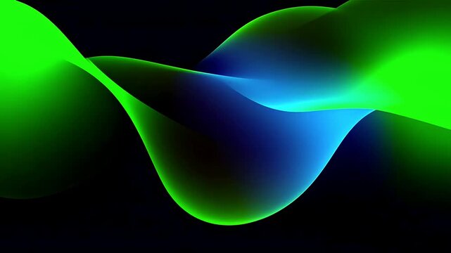 Abstract background with smooth flowing green and blue waves on a dark background.