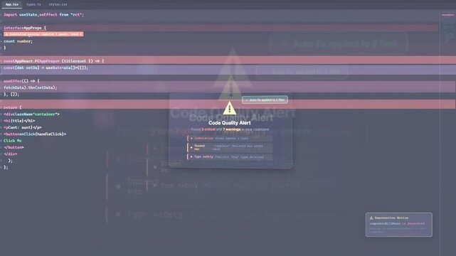 Close up of computer screen showing software code with debugging alerts and error notifications
