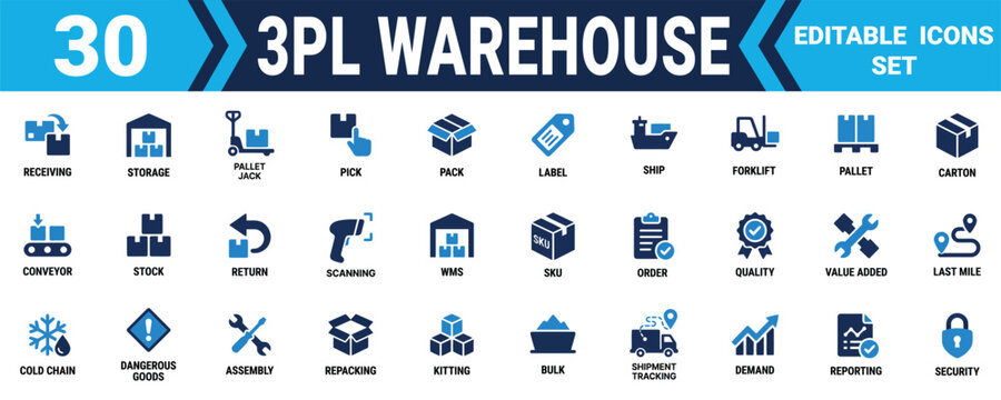 Set of 30 warehouse 3pl logistics and supply chain management icons for business shipping and distribution Minimal solid fill icon set bundle collection. Editable Vector Illustration Mega pack