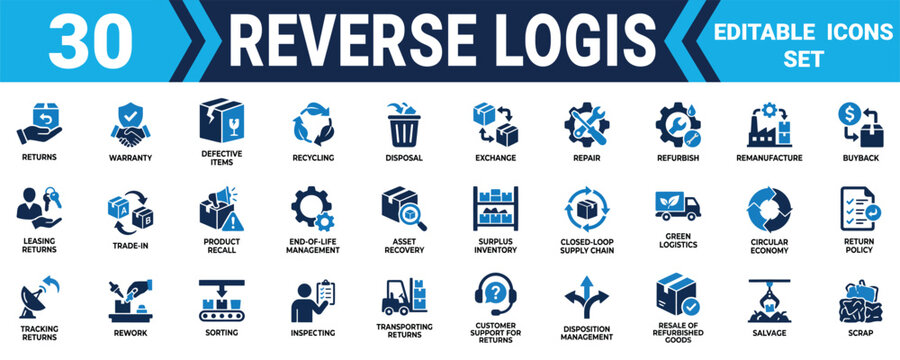 Set of 30 reverse logistics icons featuring supply chain management and product return business symbols Minimal solid fill icon set bundle collection. Editable Vector Illustration Mega pack