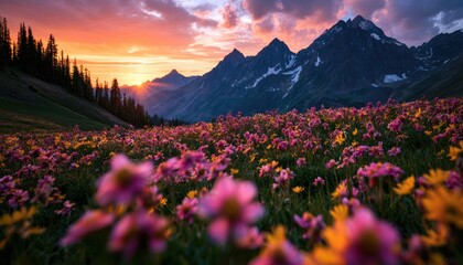 Obraz premium Vibrant alpine meadow with blooming wildflowers and dramatic mountain sunset