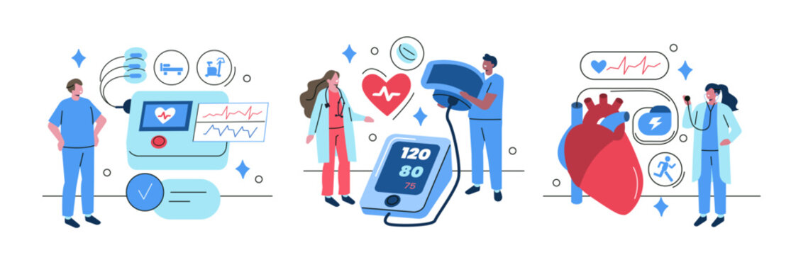 Cardiovascular health monitoring devices, pacemaker, ecg monitor, blood pressure meter. Cardiology, cardiac care, hypertension management concept vector illustration.