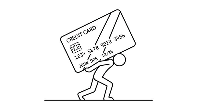 Minimalist line art of a stick figure struggling under the weight of a giant credit card