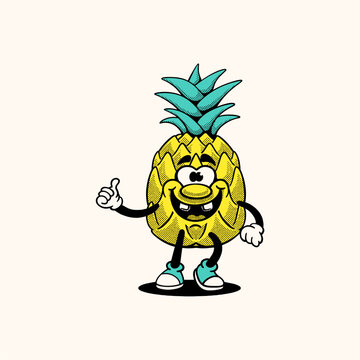 Cute retro pineapple mascot character in vintage 1930s rubber hose cartoon style. Vector illustration of funny tropical fruit mascot for logo, sticker, or t-shirt design.