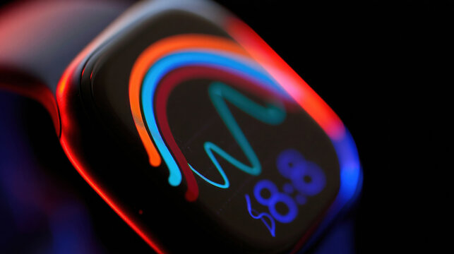 Glowing interface on a wearable smartwatch screen displays colorful health metrics over a sleek dark background for longevity and biohacking editorials