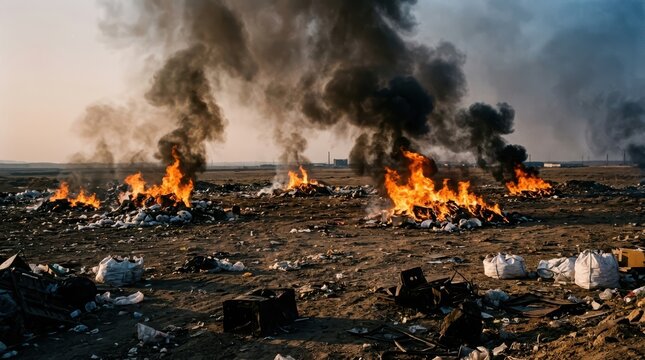 Massive fires burning across a vast, desolate landfill site