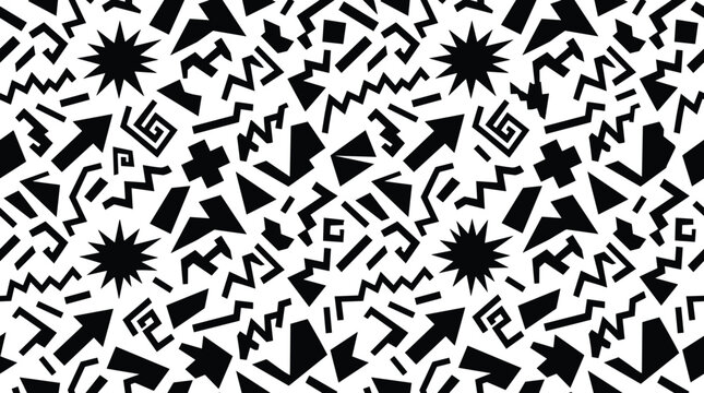 Memphis style seamless pattern with black geometric shapes like arrows, stars, and squiggles on white