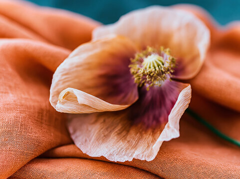Wilted beige poppy flower on textured orange linen fabric, featuring delicate crepe petals and a visible stamen for remembrance and memorial concepts