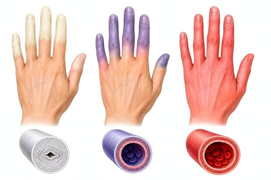 Raynaud's phenomenon finger blood flow phases diagram, vascular rheumatology medical illustration  showing Raynaud's phenomenon three phases: pallor, cyanosis and hyperemia