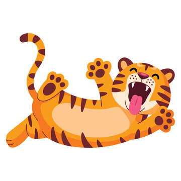 Playful cartoon tiger lying on back and roaring loudly featuring animated wildlife character with cute expression and action pose