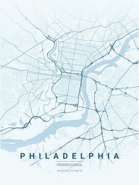 Modern Philadelphia City Map Poster Design, Ocean Style Urban Street Grid Cartography