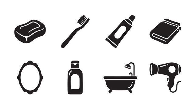 Toothpaste Tube Icon, Toothbrush, Shaving Brush, Soap Bar, and Other Bathroom Hygiene Symbols Set Featuring Grooming, Cleaning